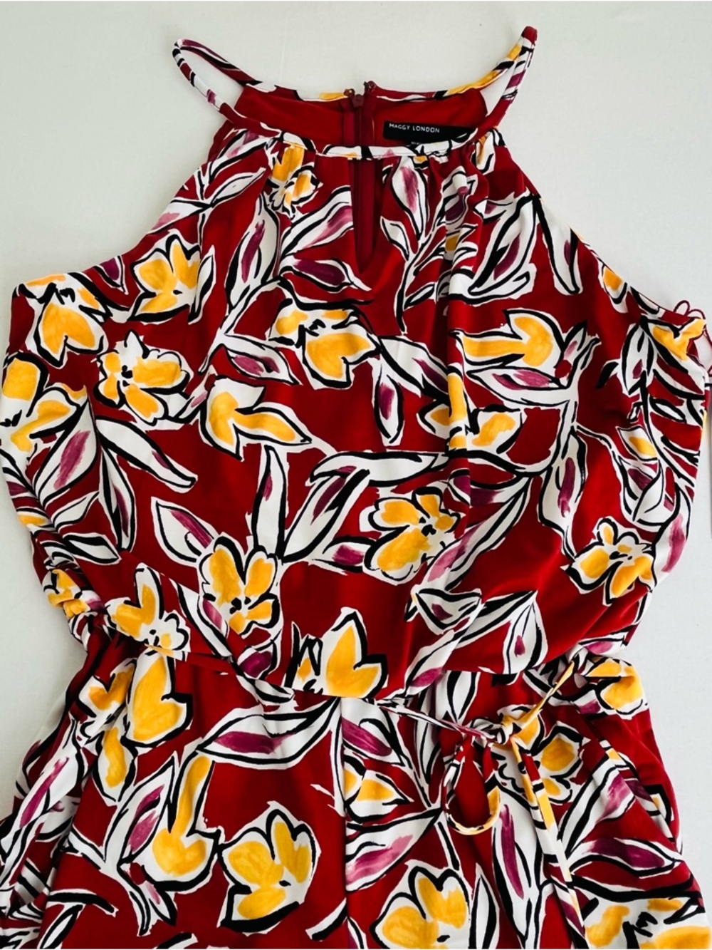 Maggy London Women’s Wide Leg Jumpsuit Red Floral Hippie Boho Romper Size 8 NEW - Picture 2 of 13